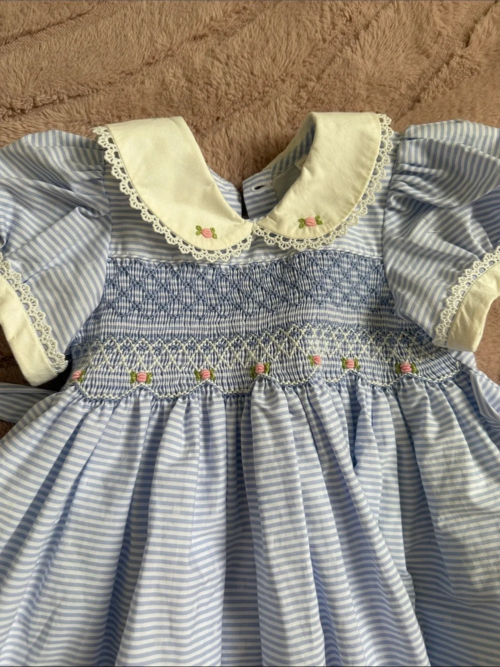 Smocked Blue & Cream Peter Pan Collar Kids Dress